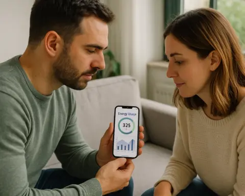 Pareja revisando pantalla de app de consumo energético juntos.