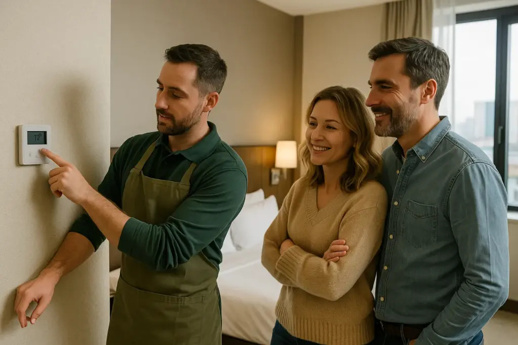 Empleado de hotel ajusta termostato delante de dos clientes.