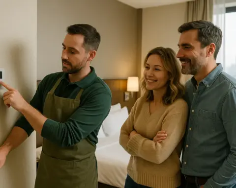 Empleado de hotel ajusta termostato delante de dos clientes.