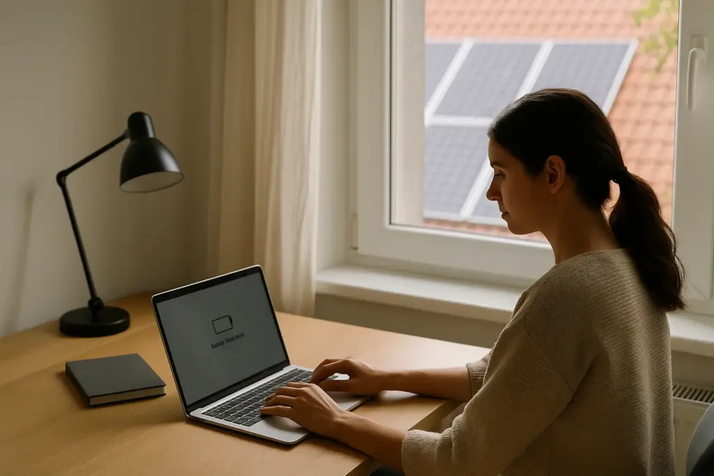 Persona teletrabajando en escritorio con portátil y luz natural.