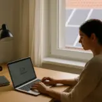 Persona teletrabajando en escritorio con portátil y luz natural.