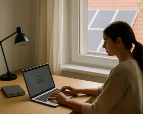 Persona teletrabajando en escritorio con portátil y luz natural.