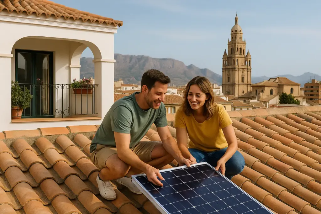 Pareja instala panel solar en tejado murciano con catedral de fondo.
