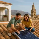 Pareja instala panel solar en tejado murciano con catedral de fondo.