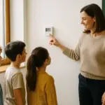 Profesora ajusta termostato en aula mientras alumnos observan.
