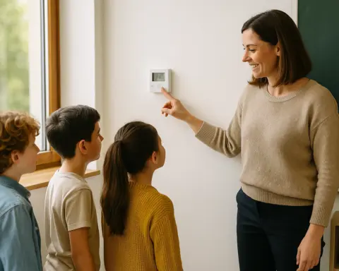Profesora ajusta termostato en aula mientras alumnos observan.