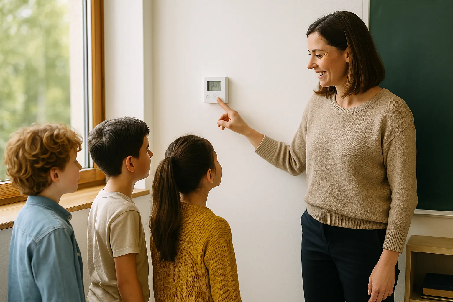 Profesora ajusta termostato en aula mientras alumnos observan.