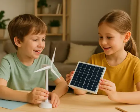 Niños manipulando modelos de aerogenerador y panel solar en casa.