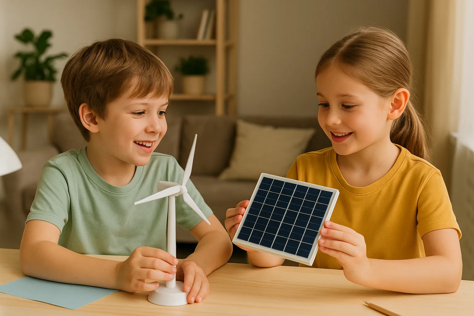 Niños manipulando modelos de aerogenerador y panel solar en casa.