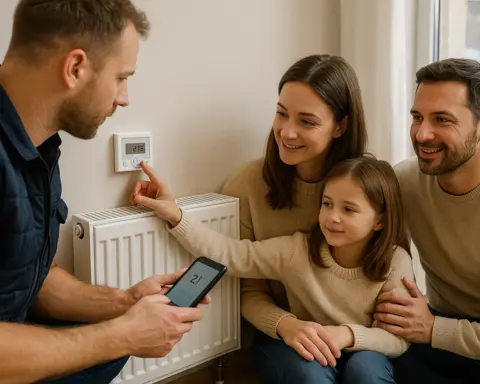 Familia observa técnico ajustando termostato a 21 °C junto al radiador.