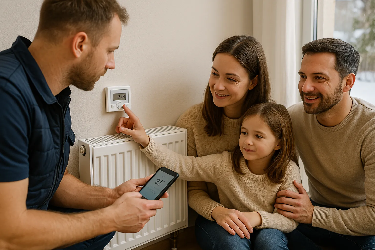 Familia observa técnico ajustando termostato a 21 °C junto al radiador.