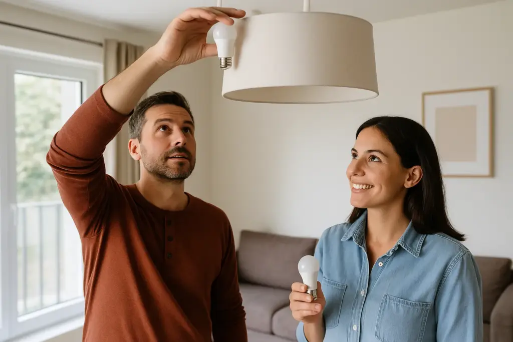Pareja reemplaza bombilla antigua por LED juntos.