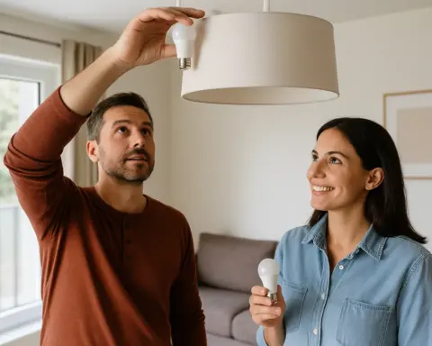 Pareja reemplaza bombilla antigua por LED juntos.