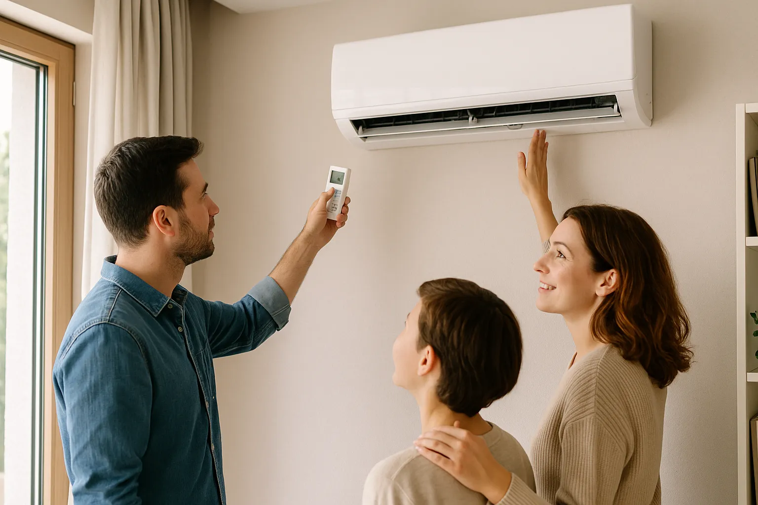 Pareja ajustando la temperatura con el mando del aire acondicionado en el salón de su casa.