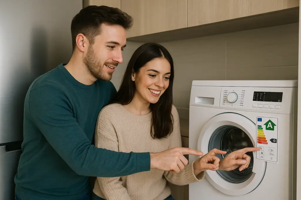 Pareja señalando etiqueta energética A de una lavadora moderna en una tienda de electrodomésticos.