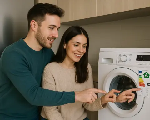 Pareja señalando etiqueta energética A de una lavadora moderna en una tienda de electrodomésticos.