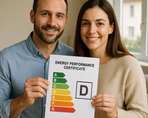 Pareja sosteniendo certificado energético con calificación D.