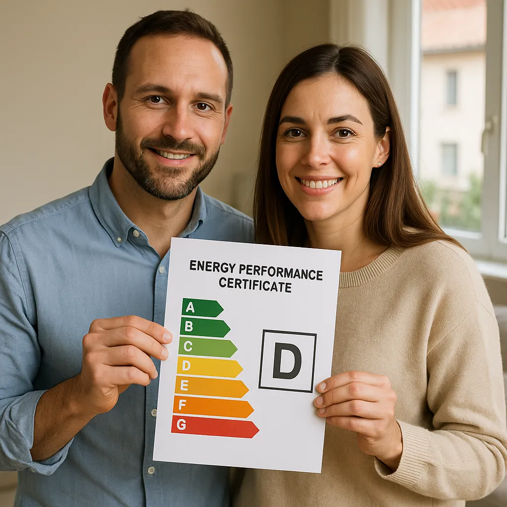 Pareja sosteniendo certificado energético con calificación D.
