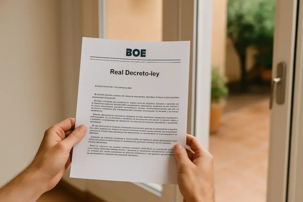 Manos sosteniendo documento BOE ‘Real Decreto-ley’ con patio de fondo.