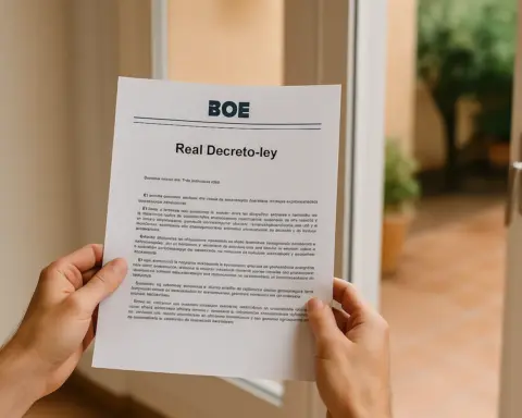 Manos sosteniendo documento BOE ‘Real Decreto-ley’ con patio de fondo.