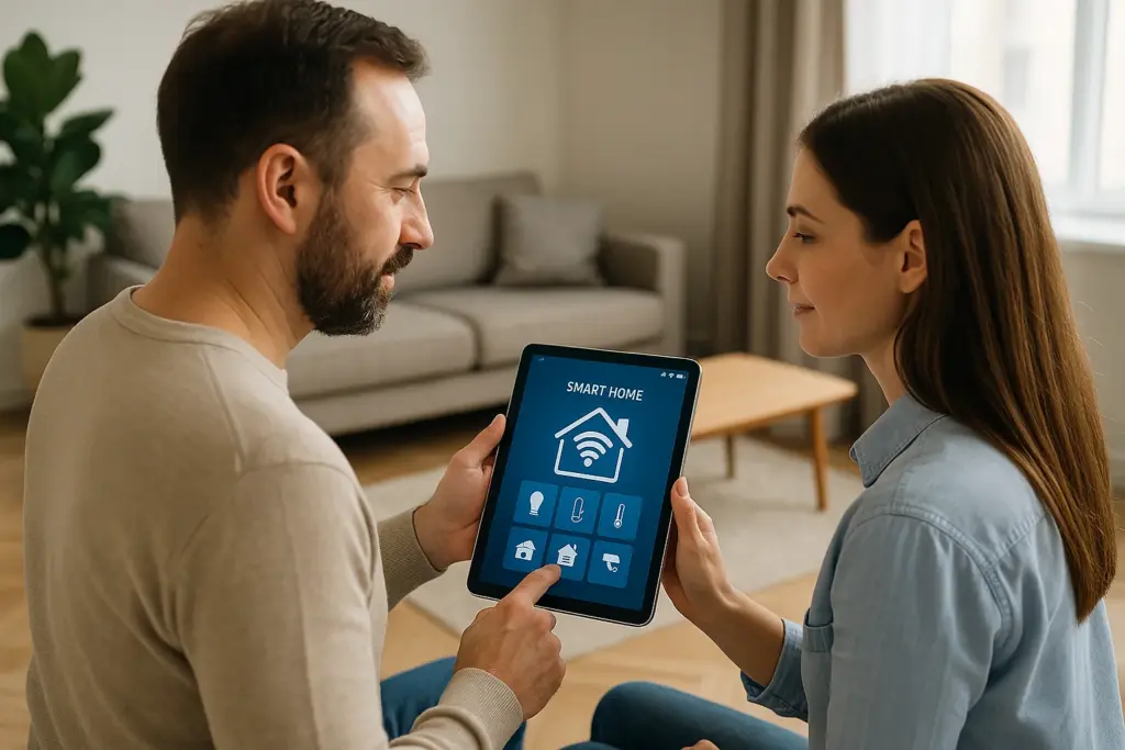 Pareja controlando domótica con tablet en salón minimalista.