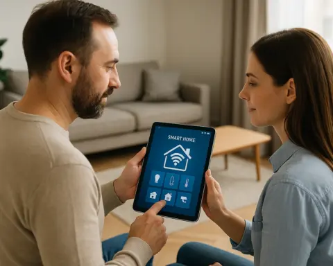 Pareja controlando domótica con tablet en salón minimalista.