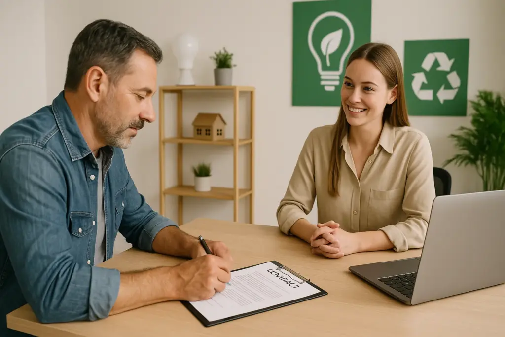 Hombre firmando contrato de energía con asesora en oficina con decoración ecológica.