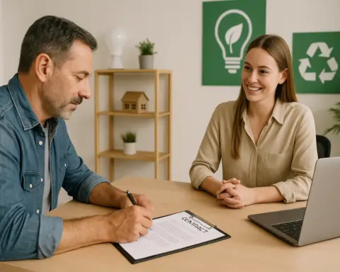 Hombre firmando contrato de energía con asesora en oficina con decoración ecológica.