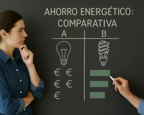 Mujer analiza pizarra con comparativa de ahorro energético entre bombillas en español.