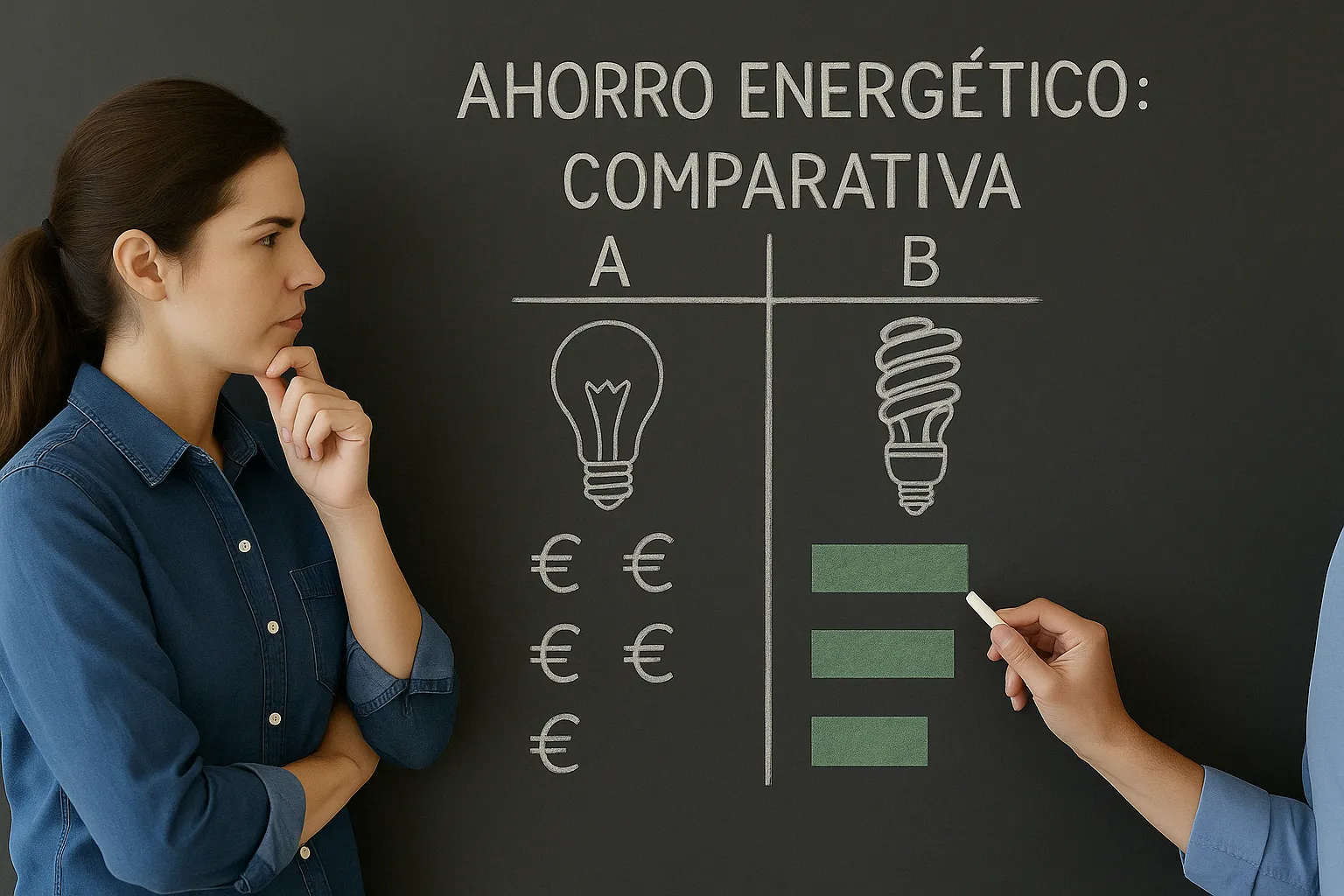 Mujer analiza pizarra con comparativa de ahorro energético entre bombillas en español.