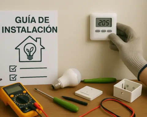 Mano instala termostato junto a guía de instalación y herramientas de eficiencia energética.