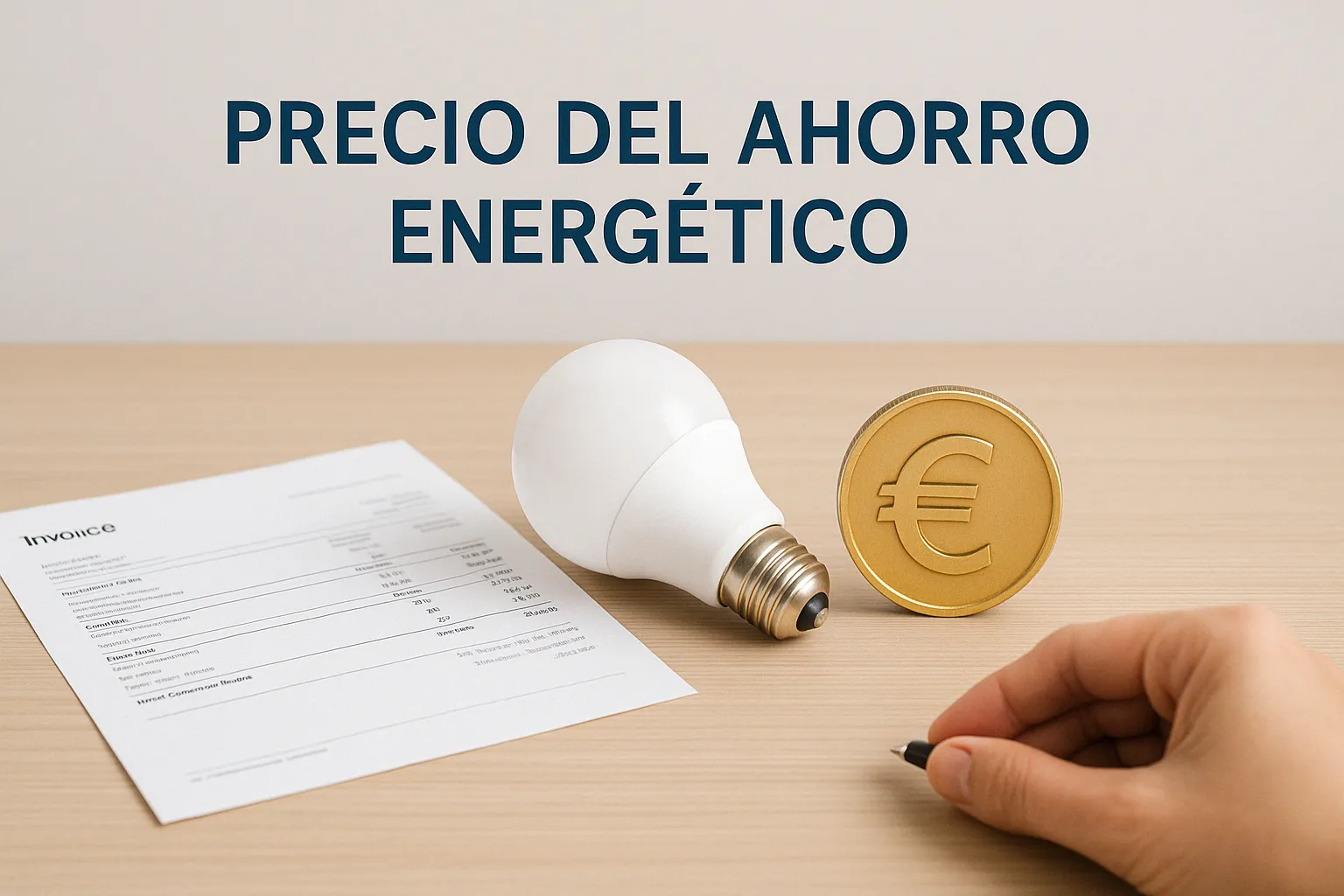 Bombilla, factura y moneda simbolizan el precio del ahorro energético en el hogar.