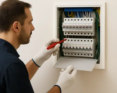 Hombre instalando una lámpara LED mientras verifica mantenimiento energético con herramientas.