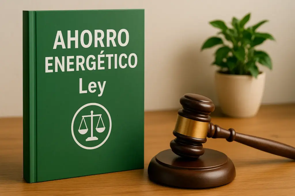 Libro sobre ley de ahorro energético junto a mazo judicial sobre mesa de madera.