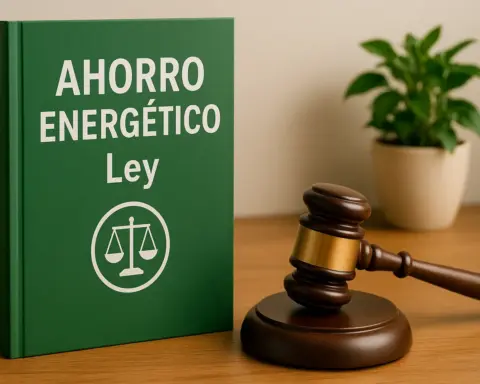 Libro sobre ley de ahorro energético junto a mazo judicial sobre mesa de madera.
