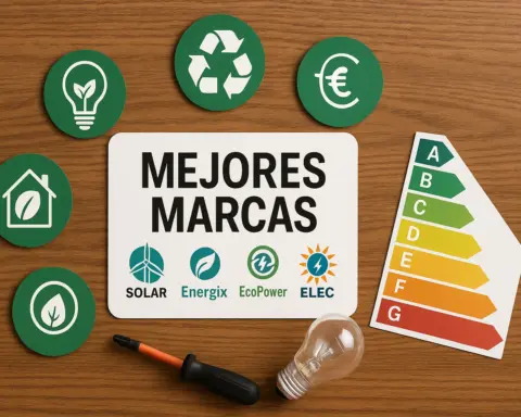 Cartel con logos ficticios de energía rodeado de iconos ecológicos y etiqueta energética.