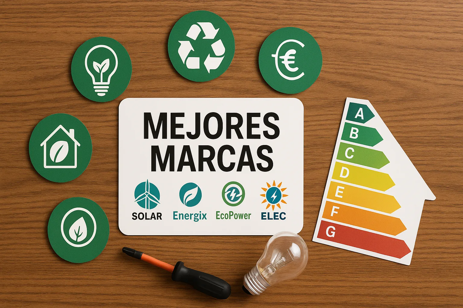 Cartel con logos ficticios de energía rodeado de iconos ecológicos y etiqueta energética.