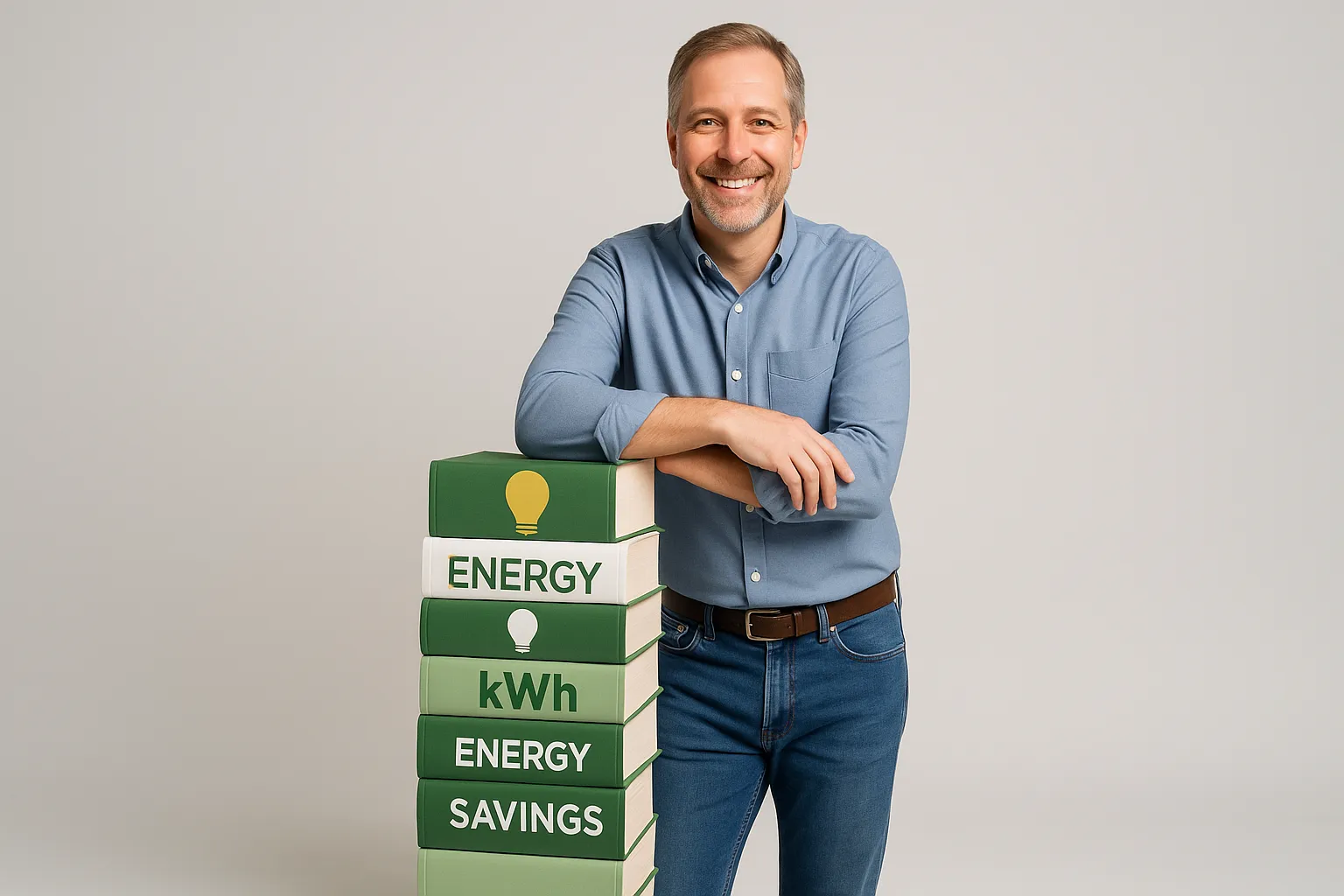 Hombre apoya brazos sobre columna de libros de ahorro energético en estudio neutro.