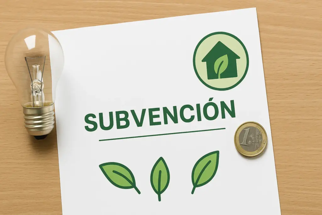 Documento de subvención energética con bombilla, moneda y símbolo ecológico sobre mesa.