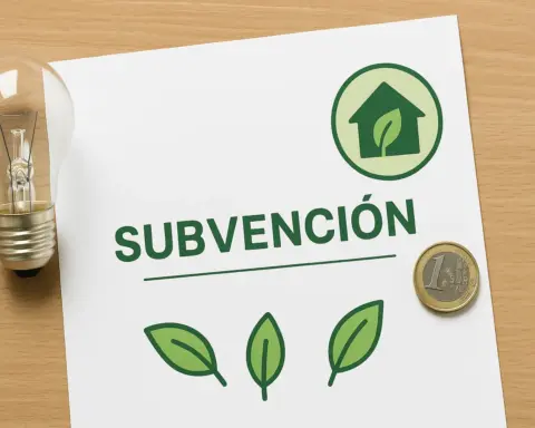 Documento de subvención energética con bombilla, moneda y símbolo ecológico sobre mesa.