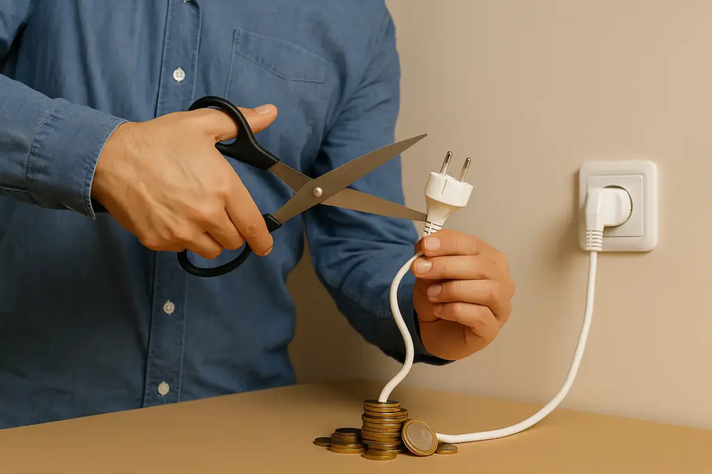 Tijeras cortando un cable eléctrico del que caen monedas, simbolizando el ahorro en la luz.