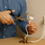 Tijeras cortando un cable eléctrico del que caen monedas, simbolizando el ahorro en la luz.