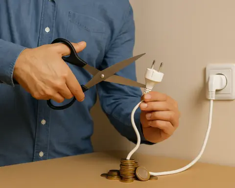 Tijeras cortando un cable eléctrico del que caen monedas, simbolizando el ahorro en la luz.