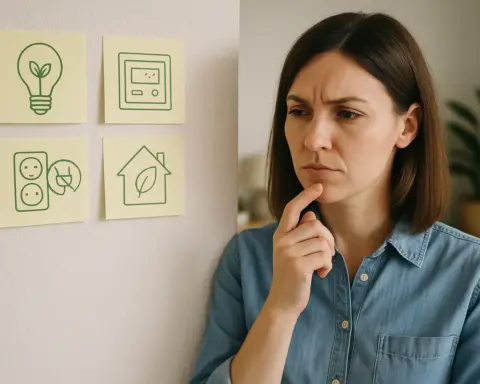 Mujer observa notas adhesivas con iconos de eficiencia energética, y reflexiona sobre cómo elegir medidas sostenibles para el ahorro energético en el hogar.