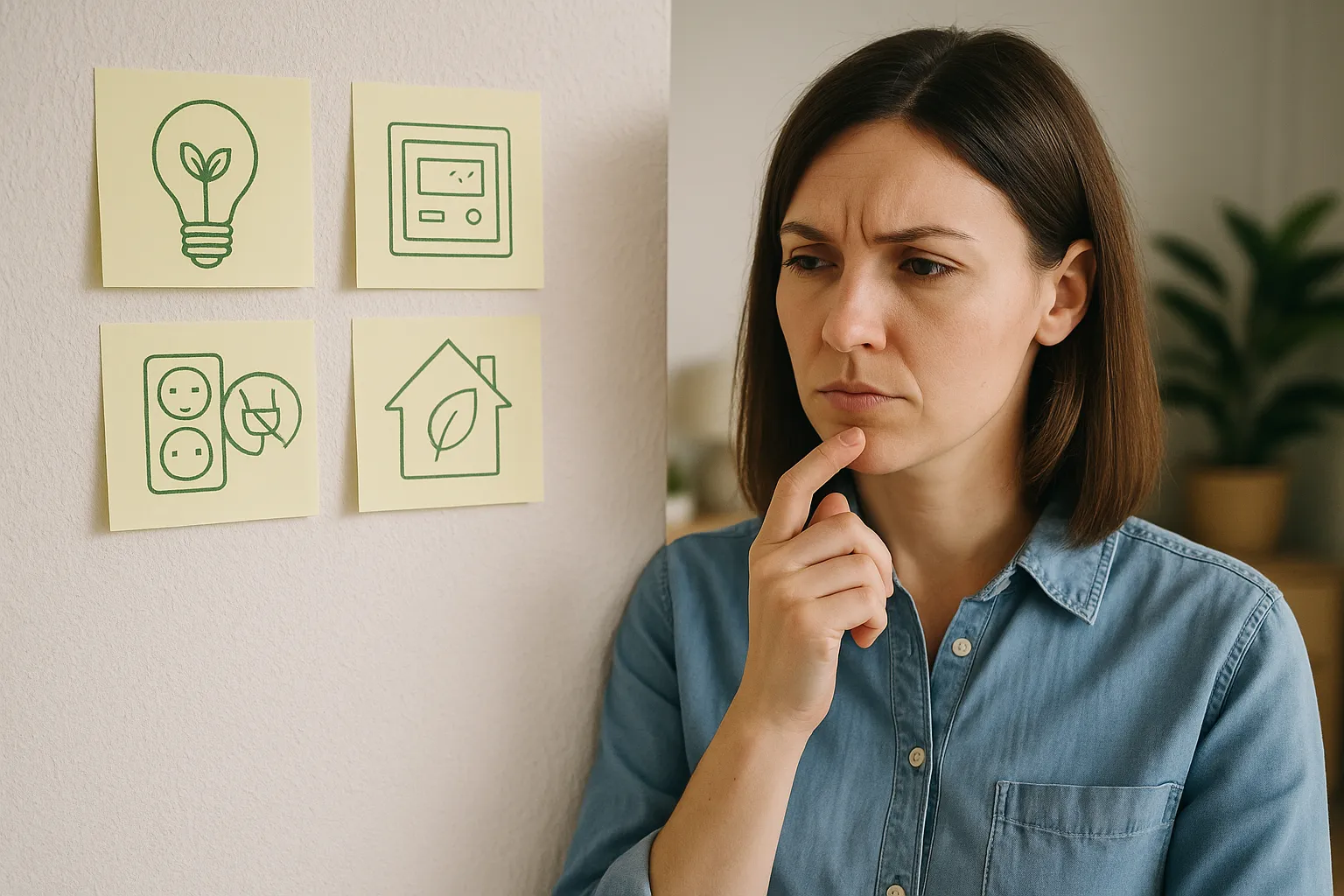 Mujer observa notas adhesivas con iconos de eficiencia energética, y reflexiona sobre cómo elegir medidas sostenibles para el ahorro energético en el hogar.