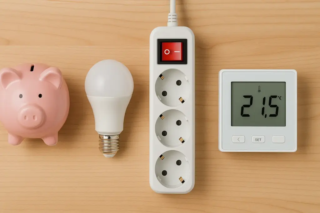 Kit de ahorro energético con hucha, bombilla LED, regleta y termostato sobre una mesa.