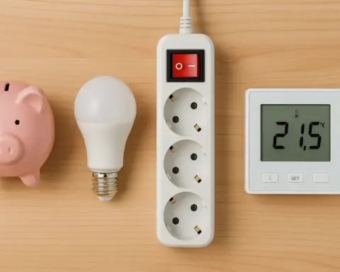 Kit de ahorro energético con hucha, bombilla LED, regleta y termostato sobre una mesa.