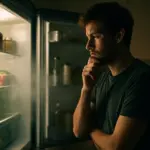 Persona con la puerta del frigorífico abierta, mientras una nube de vapor frío se escapa, simbolizando la pérdida de energía y el consumo eléctrico del electrodoméstico.