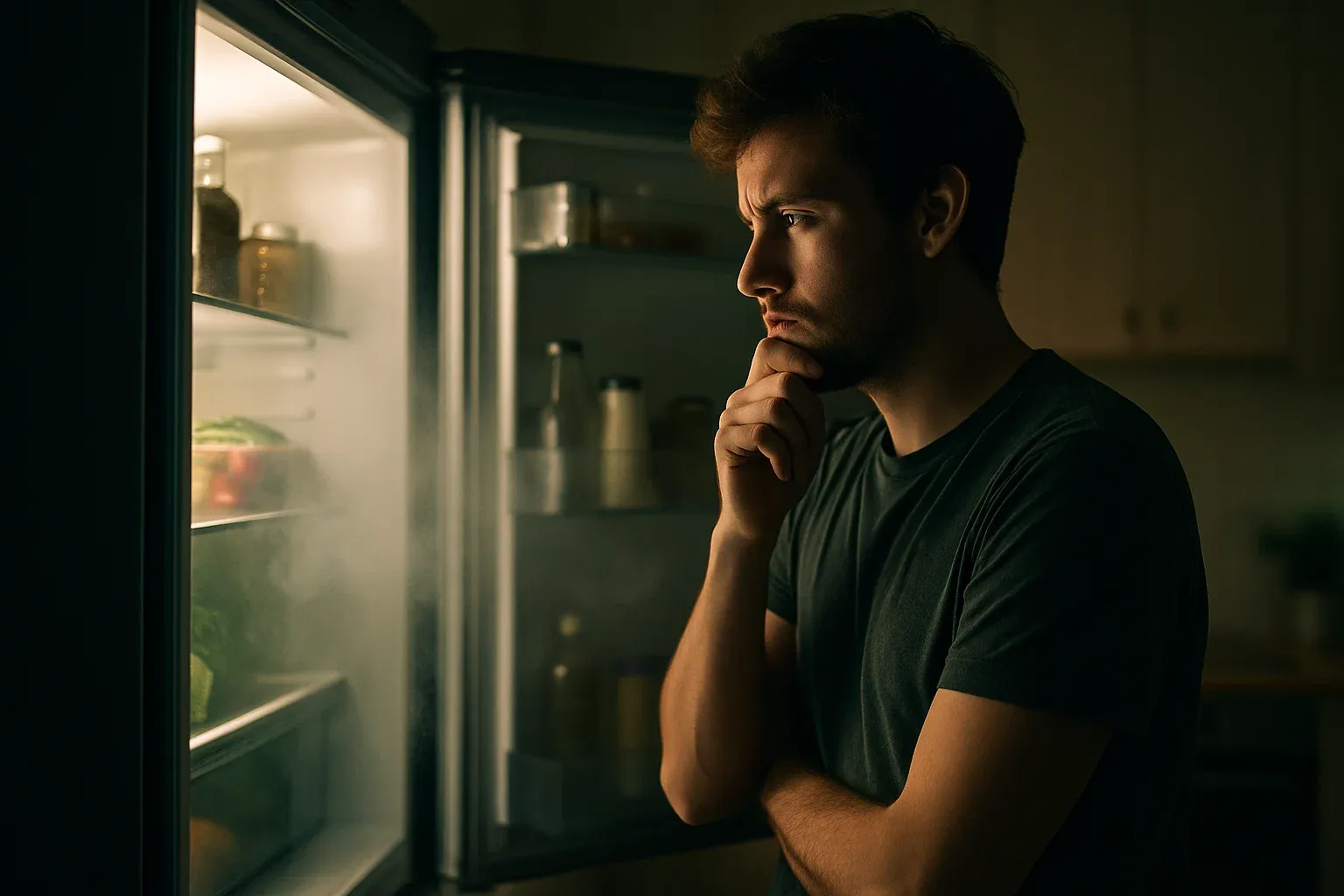 Persona con la puerta del frigorífico abierta, mientras una nube de vapor frío se escapa, simbolizando la pérdida de energía y el consumo eléctrico del electrodoméstico.