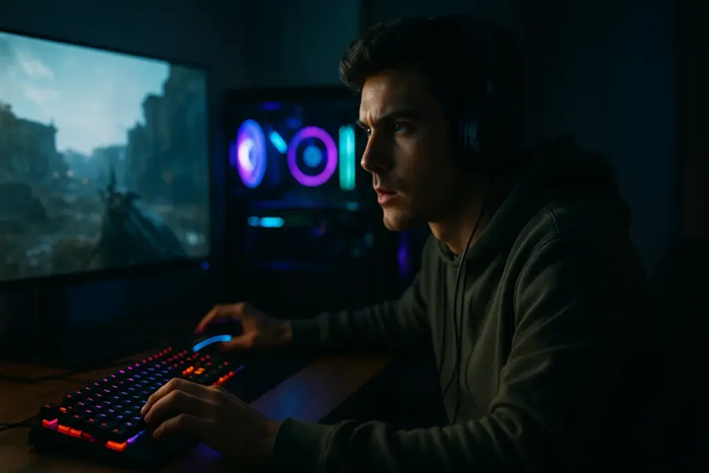 Joven concentrado jugando en un ordenador gaming iluminado con luces RGB, simbolizando el alto consumo eléctrico de un PC potente.